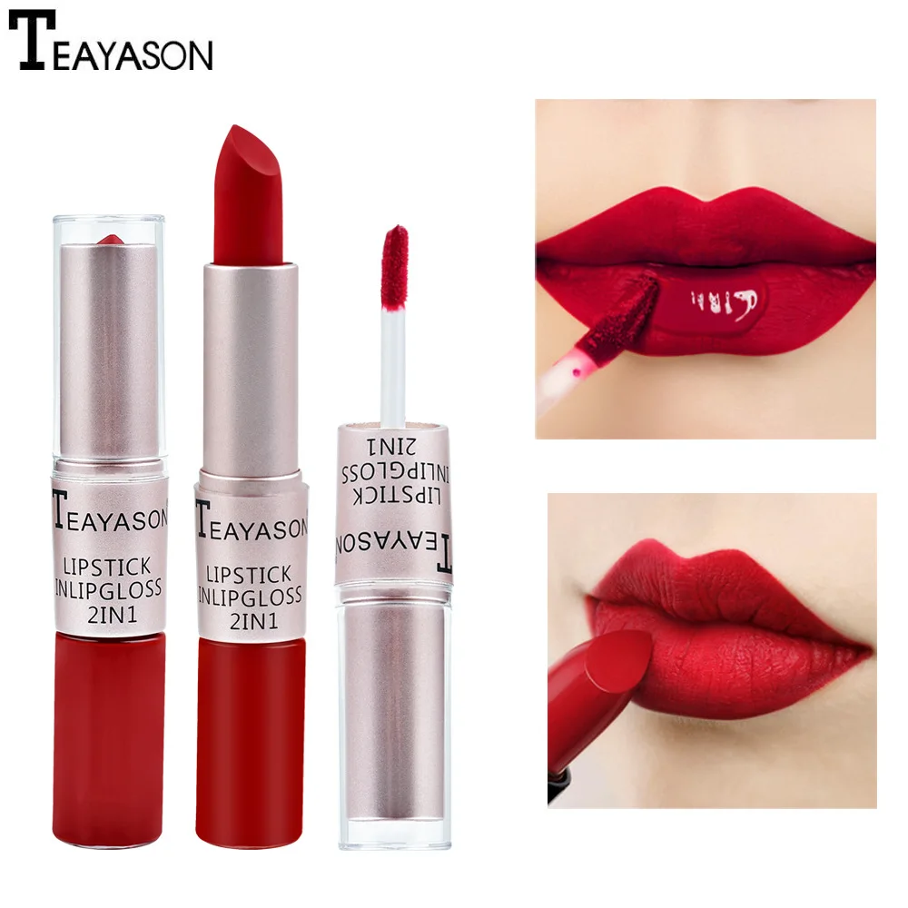 2-in-1 Double Head Long Lasting Matte Lipstick Lip Gloss Moisturizing Red Lip Tint Pigment Lips Liner Wateproof Makeup Cosmetics