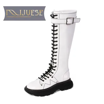 

MLJUESE 2021 women Knee-High boots Cow leather Winter short plush Round Toe Zipper High heels female Motorcycle boots size 39