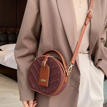 

Famous Fashion Round Bag Women Messenger Tote Handbag Luxury Designer Ladies Circular Bag Linen Shoulder Brand Handbag Crossbody