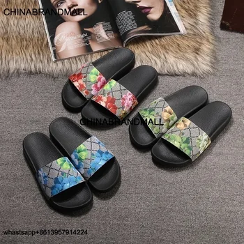 

2020 new Genuine Leather Women's Slippers Womens Soft Brand Slide Sandals Floral Printing Leather Rubber Flip-flops Slippers
