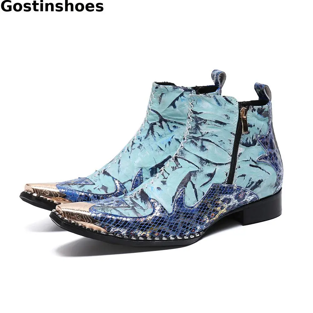 

Autumn And Winter Men's Boots Blue Genuine Leather Martin Boots Pointed Metal Cap Toe Men Short Ankle Work Boots Side Zip