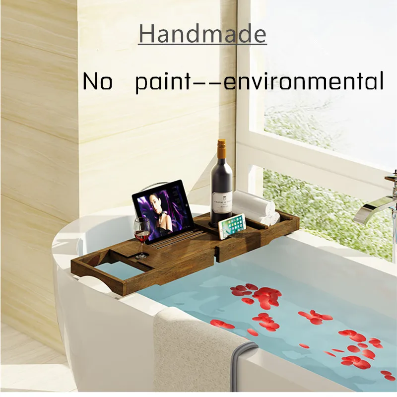 Bamboo BathTub Rack Extendable Bathroom Shelf Shower Caddy Wine Glass Holder Gadgets Storage Organization Accessories Single