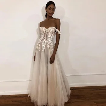 

Weilinsha Sexy Champagne Off The Shoulder Wedding Dress Sweetheart Lace Applique Tulle Illusion Wedding Gown Vestidos De Noiva