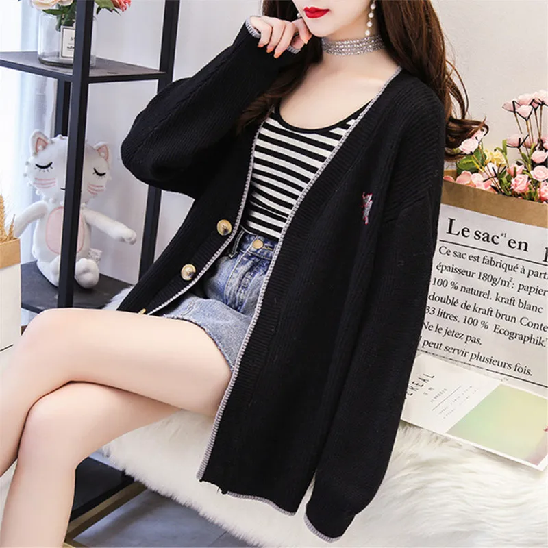Осенне-зимний Кардиган, Свитер, женская верхняя одежда Harajuku с мультяшным принтом, топы, повседневные однобортные вязаные пальто с длинным рукавом