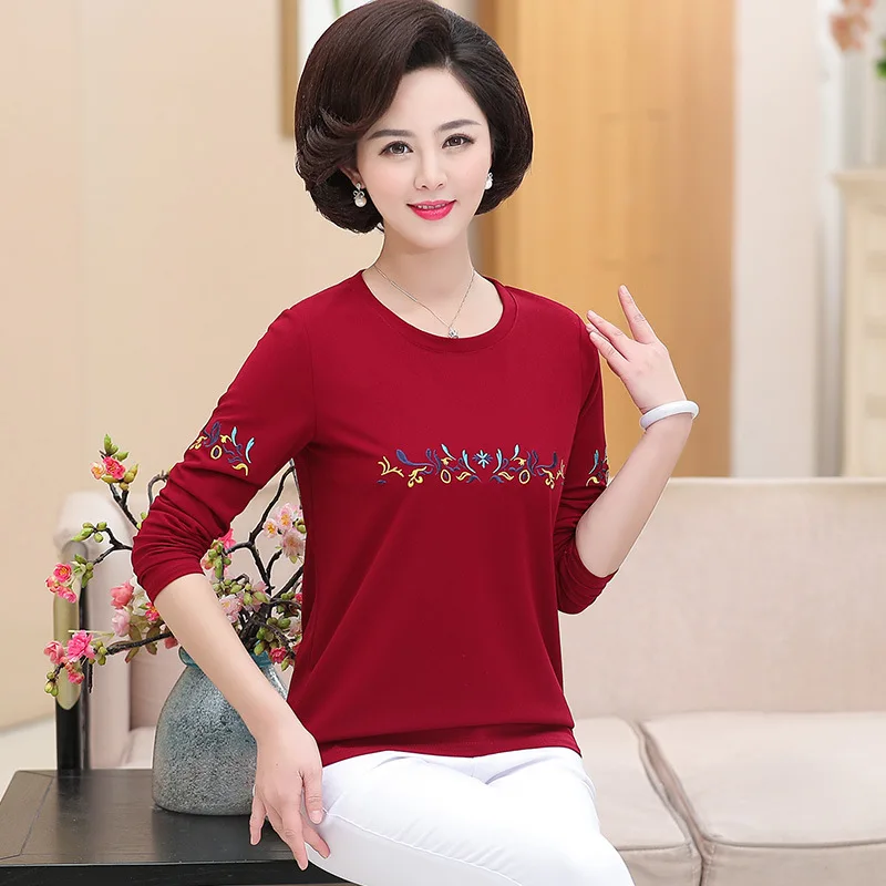 

Middle-aged Spring Clothing WOMEN'S Casual Coat 2019 New Style Loose Base Shirt Middle-aged Mom Embroidery Long-sleeved T-shirt