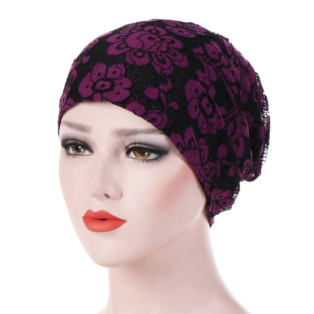

Europe And America Amazon New Style Lace Double Color Flower Covered Edge Cap Muslim Toque Set of Head Cap Currently Available