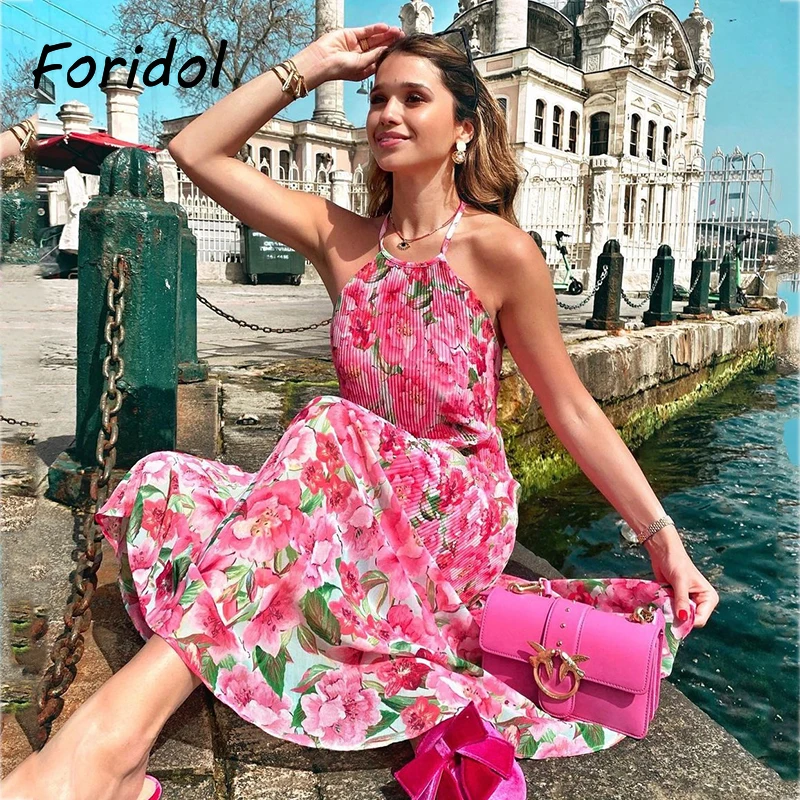 Женское летнее платье макси Foridol без рукавов с лямкой на шее пикантное пляжное