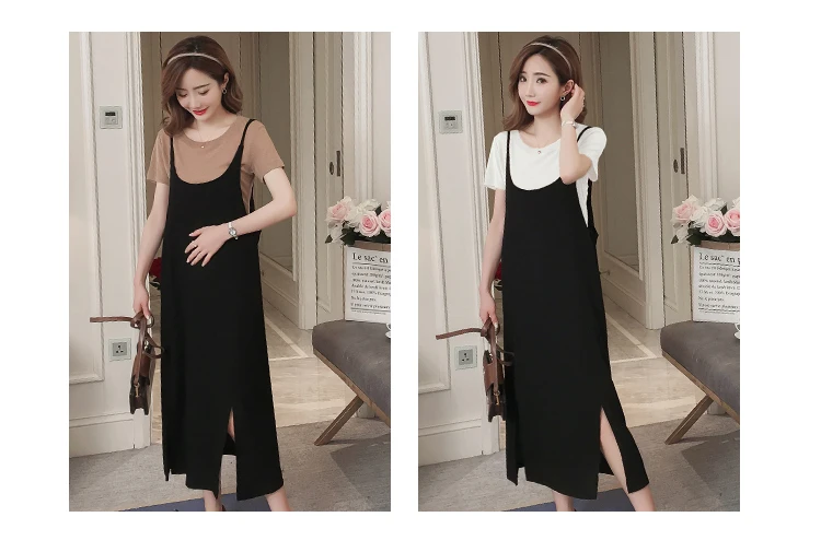 1927# 2PCS/Set Summer Korean Fashion Maternity Long Dress Sexy Sweet Side Splits Sling Dress for Pregnant Women Pregnancy Shirt