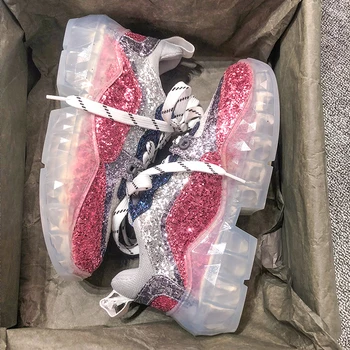 

Running Glitter Shoes Leather Sports Outdoor Shoes Lace Up Sneakers Transparent Sole Trainers Mixed Color Platform Footwear Shoe
