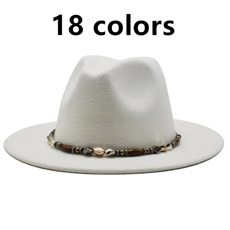 

fedora hat women casual new solid beading belt big brim jazz caps vintage western cowboy women winter hats white black felt hats
