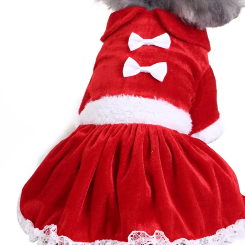 winter Warm Christmas Dress Lovely Red Bow Puppy Skirt Pet Dog Lace Cotton Xmas Dog Costume yorkie Chihuahua Cat Clothes