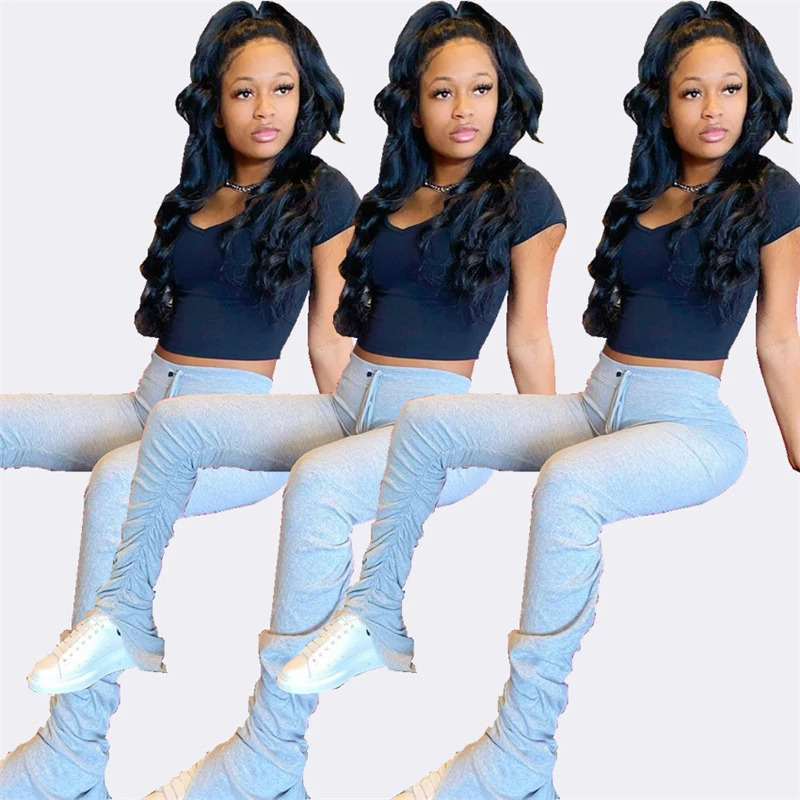 

New High Waist Sweatpants Women Joggers 2020 Elastic Winter Stacked Leggings Bell Bottom Trouser Split Hem Flare Ruched Pant