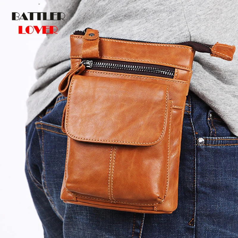 Genuine Leather Men Casual Design Small Waist Bag Cowhide Fashion Crossbody Bag Waist Belt Pack Cigarette Case 5.5" Phone Pouch