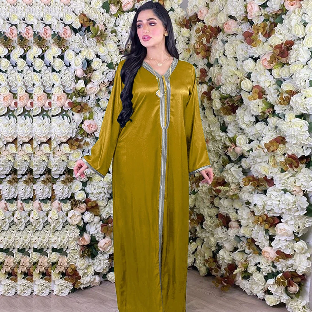 Siskakia Arabic Dresses for Women Fall 2020 Golden Ribbon Patchwork V Neck Long Sleeve Maxi Dress Muslim Turkish Clothing Satin