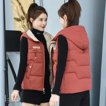 

Women down cotton hoodie vest female short 2020 new autumn winter slim hooded vest waistcoat vest jacket big size