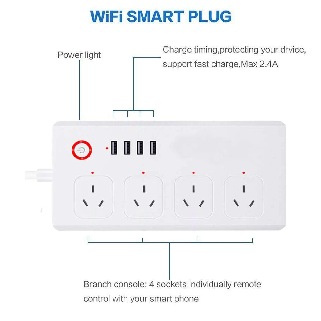 Wifi смарт Мощность полосы Стабилизатор напряжения голос Управление 4 AC AU розетки