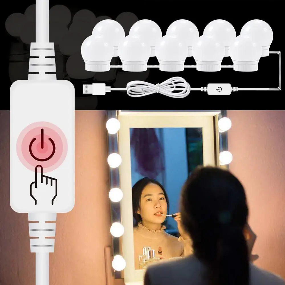 

LED 12V Makeup Mirror Light Bulb Hollywood Vanity Lights Stepless Dimmable USB Wall Lamp 6 10 14Bulbs Kit for Dressing Table
