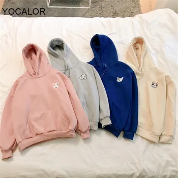 

yocalor Cartoon Dog Embroidery Women Sweatshirt Pockets Full Sleeve Female Pullovers Casual Thick Hoodies Female Tracksuit 2020
