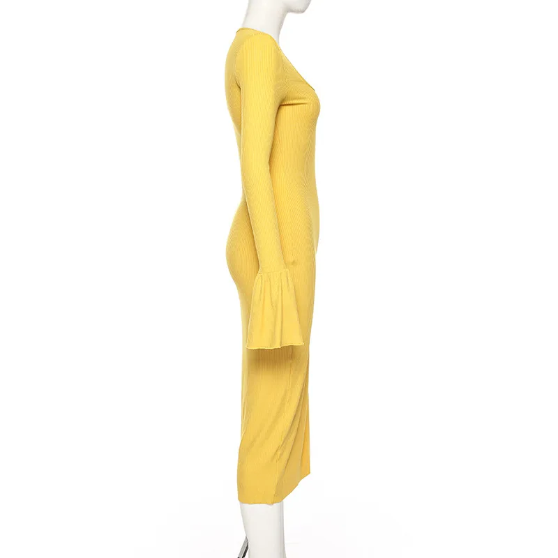 WannaThis Sexy Split Midi Dresses Ribbed Knitted Flare Long Sleeve Skinny Elastic O-neck Elegant Slim Party Long Dress Slit Hem