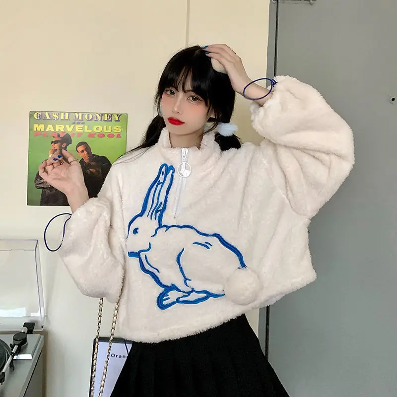 Women Hoodies Sweatshirts Plush Turtleneck Sweater Women's Winter Embroidery Rabbit Short Top Ropa Mujer | Женская одежда