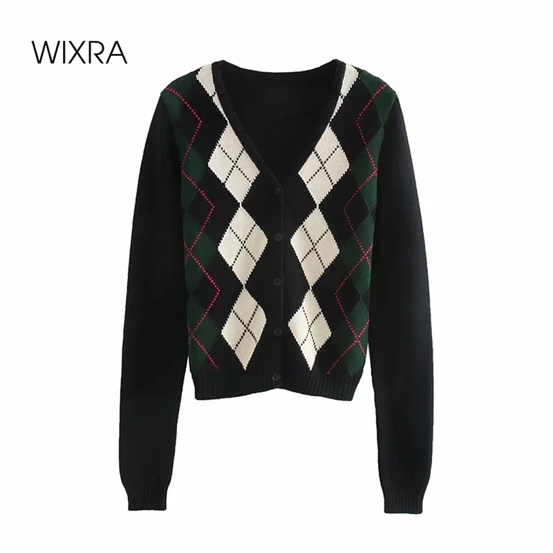 Женский винтажный кардиган с геометрическим узором Wixra свитер v-образным вырезом
