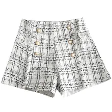 MUMUZI/женские шерстяные короткие брюки, свободные широкие плотные твидовые шорты в клетку с высокой талией, повседневные ботинки, клетчатые шорты с пуговицами