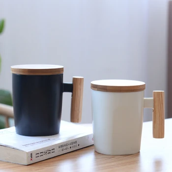 

Japan Style Brief Travel Coffee Mug Ceramic Porcelain Milk Mug Coffee Cup With Wood Handle Lid Pottery Water Tea Cups Gift