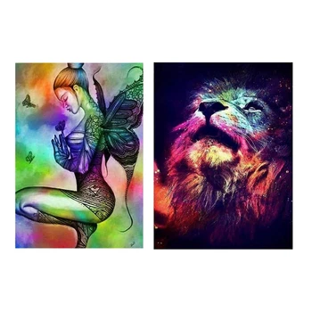 

HOT 2 Set DIY 5D Diamond Art Painting Set, Art Craft Cross Stitch ,Without Picture Frame - Butterfly Fairy & Colorful Lion