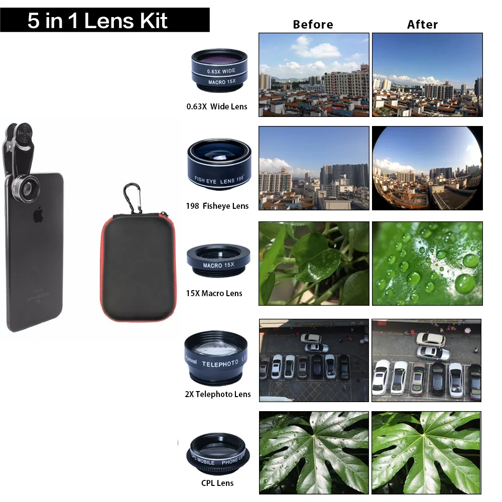 5 в 1 объектив рыбий глаз|camera lens kit|phone camera kitlens kit |