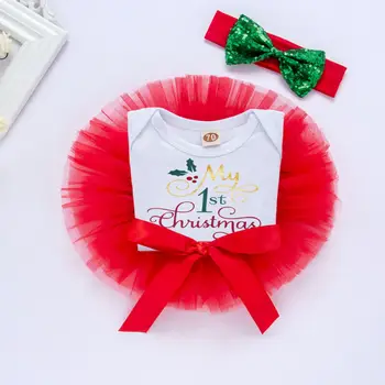 

3PCS Newborn Baby Girl Christmas Clothes Short Sleeve Romper Bodysuit+Mesh Tutu Skirts Red Dress Headband Outfits Set