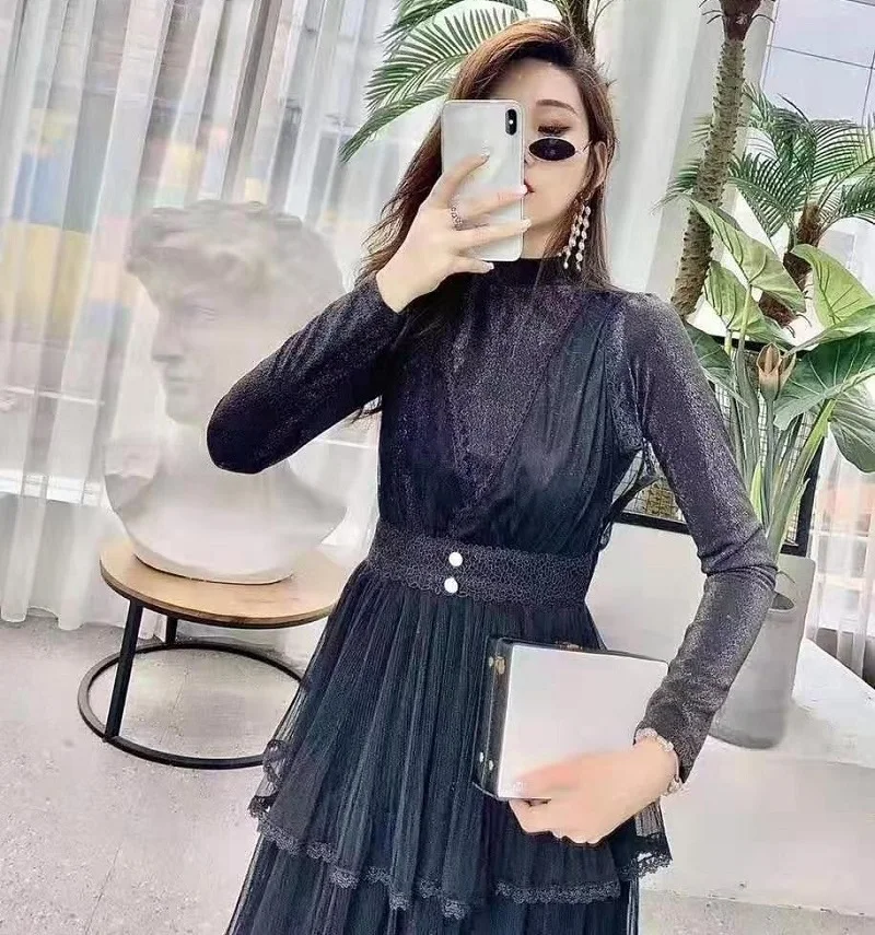 Высокое качество, новинка, Весенняя мода, вечерние, Vestido, для женщин, стоячий ворот, сексуальный тюль, сетка, кружево, пэчворк, Платье макси с длинным рукавом