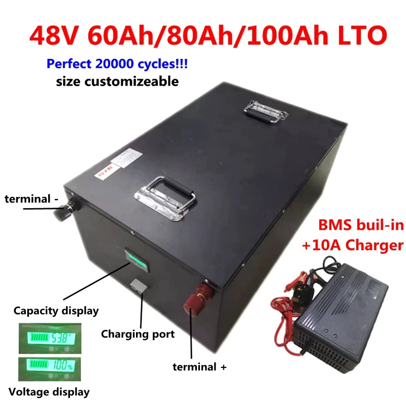 

20000 cycles LTO 48V 60Ah 80Ah 100Ah Lithium Titanate Battery with BMS for inverter solar panel energy storage RV+10A Charger