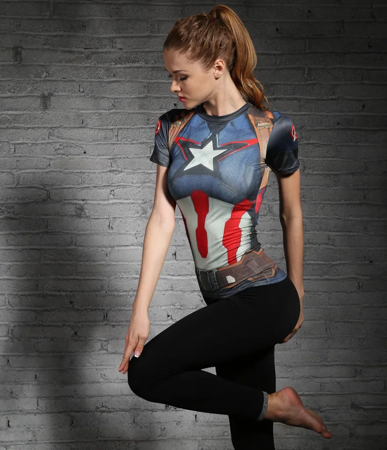 2019 New Sport Shirt Captain America 3D Printed Fitness Running cycling short Sleeve Sport Top Elastic Sportswear Gym Training