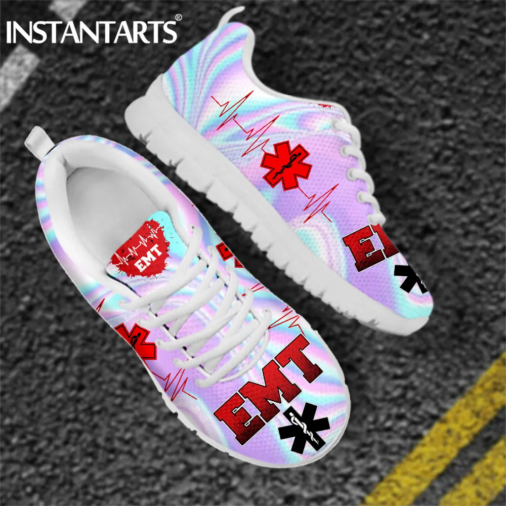 

INSTANTARTS Women Nursing Shoes Lace Up Flats Sneaker Holographic Paramedic EMT EMS Design Mesh Ladies Nurse Footwear Zapatillas
