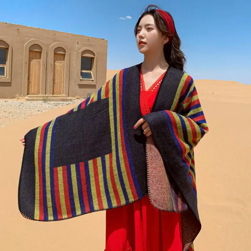 

Полосатые женские шали, мягкая искусственная кашемировая Пашмина Mujer Bufanda, теплый осенний теплый шарф, палантин