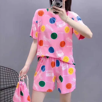 

Women Cotton Print Pajamas Set Short Sleeve Shorts Cloth Bag 3pcs Leisure Wear Summer Round Neck Casual Loose Sleepwear S266