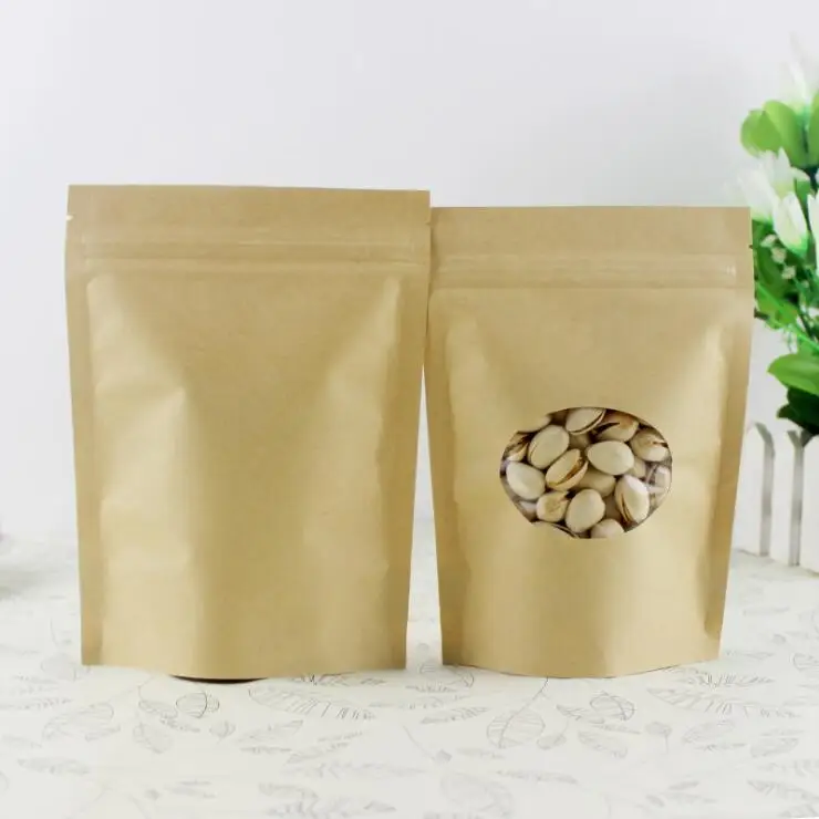 

13*20+4cm 50pcs Stand Up Clear Window Brown kraft paper bags with Zipper lock for Food/Tea/Nut/Coffee Resealable Packaging Bag