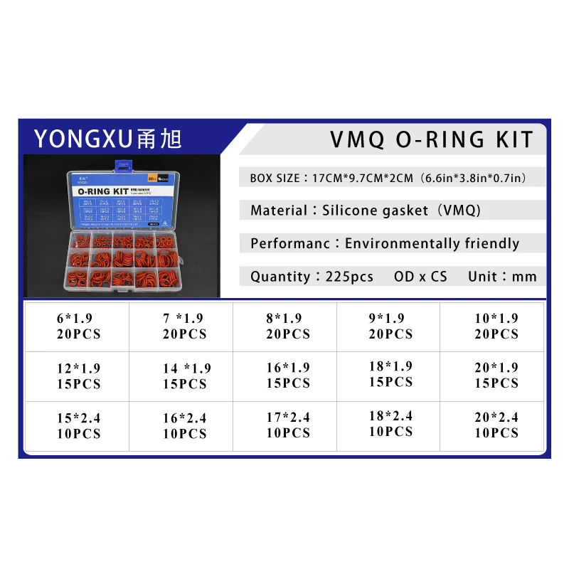 225 шт. уплотнительное кольцо из силиконовой резины 15 Размеров VMQ кремниевый красный причальный уплотнительный ORings шайба прокладка кольцо ассортимент набор коробка