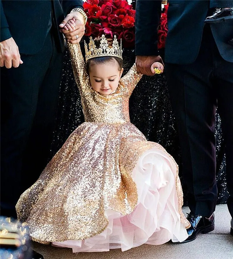

Modest Long Sleeves Gold Sequin Girl Pageant Dress Birthday Party