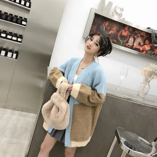 Neploe Pull Jumpers Осень Зима Женский вязаный кардиган контрастный цвет свитер пальто v-образный вырез негабаритная трикотажная куртка 54702