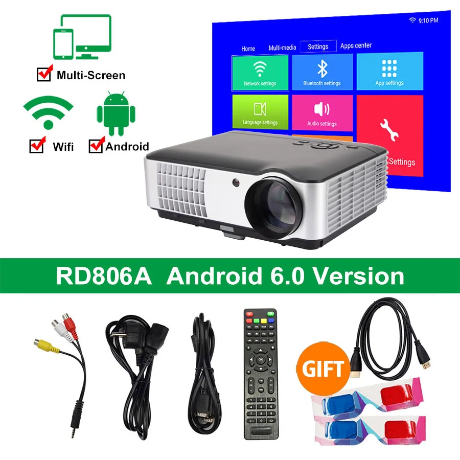 Rigal проектор RD806AW LED умный проектор Android WIFI 5000люмен 3D 720P проектор домашний кинотеатр TV LCD видеоприставка для телефона - Цвет: Android 6 Version