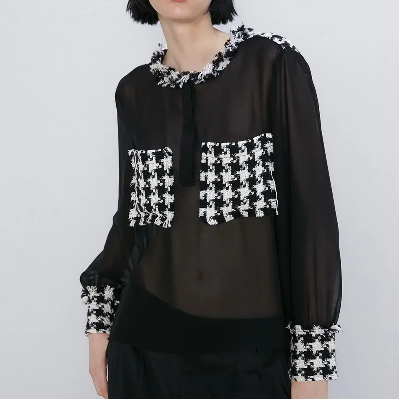 

Personality Women Blouse Autumn 2019 New Arrival Transparent Chiffon Shirt Patchwork Houndstooth Modern Lady Tops