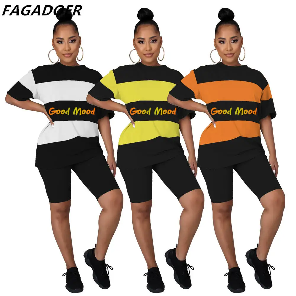 FAGADOER Casual Sexy Tracksuit Women Letter Print Short Sleeve Tops + Short Two Piece Sets Female Fitness Outfit Streetwear 2021