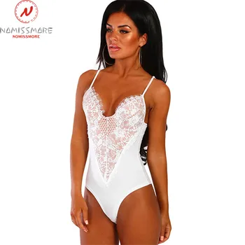 

Night Club Style Women Summer Solid Bodysuits Hollow Out Design Lace Decor V-Neck Sleeveless Backless High Waist Slim Jumpsuits