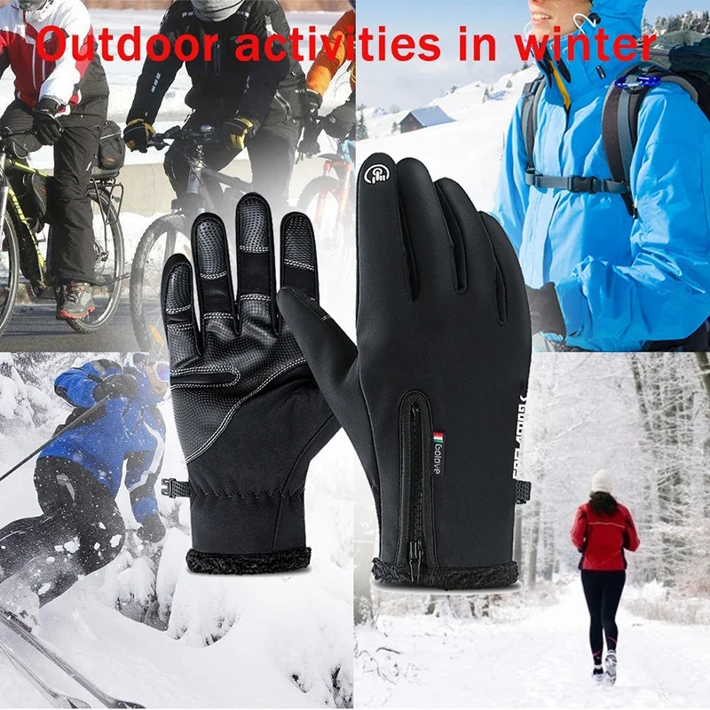 Winter Warm Men's Gloves Thermal Fleece Touchscreen Waterproof Windproof Cold Gloves Plus Velvet Thicken Black Cycling Gloves