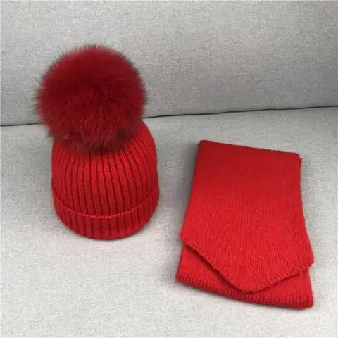 RED Set Fox Ball Милые Детские Девочки помпон зимние наборы шарф шапка натуральный шарик из меха лисы мать дети теплые вязаные шапки бини родитель-Детские шапочки - Цвет: RED Set Fox Ball