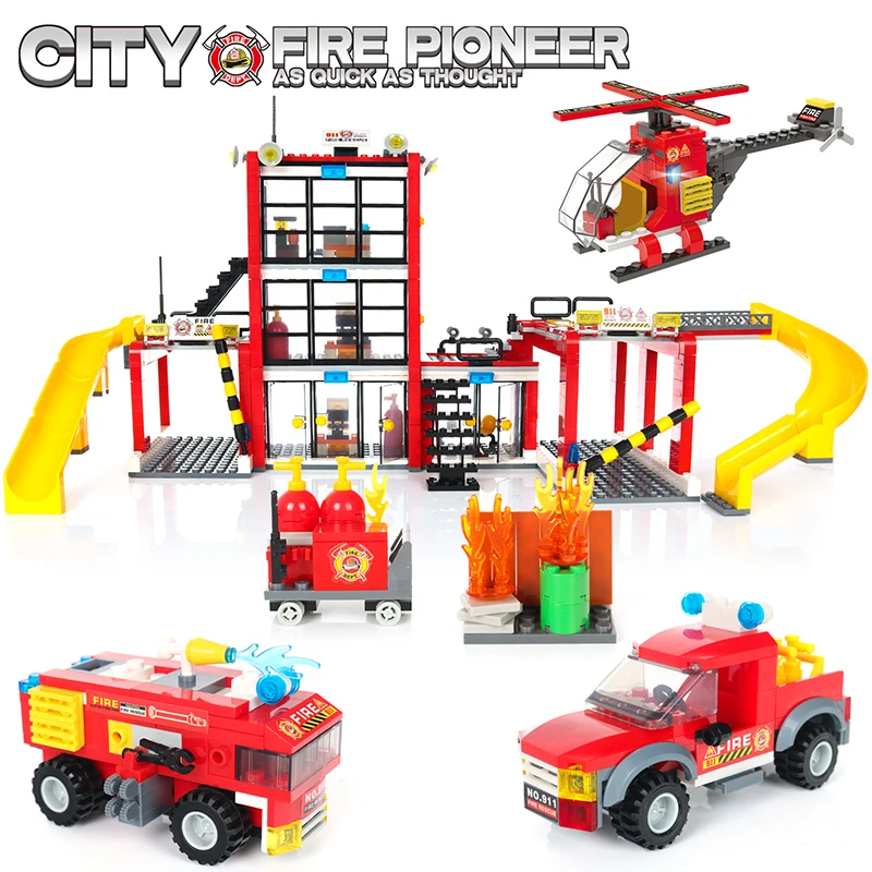 Новый 979 шт. пожарная станция на грузовиках автомобиля вертолета лодка