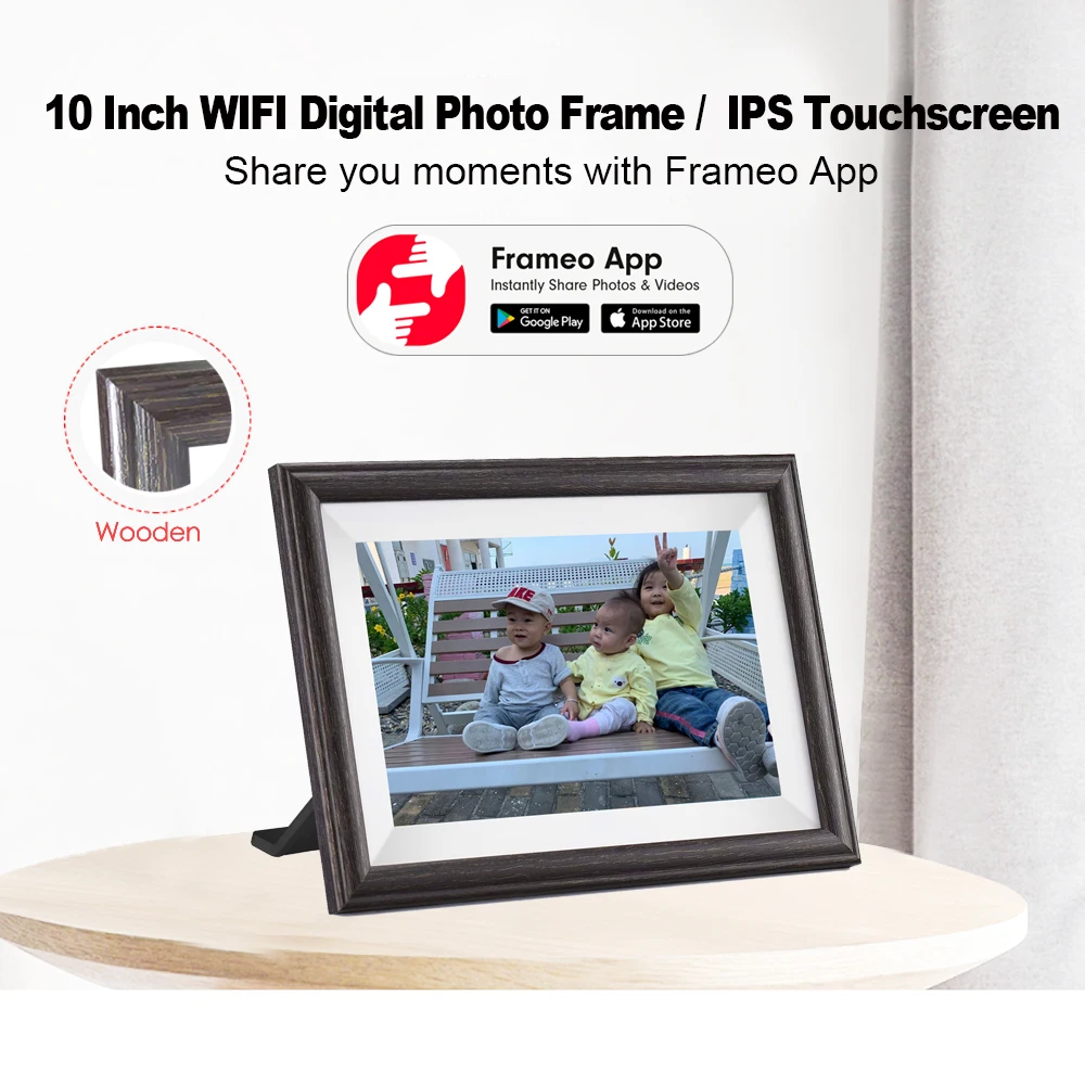 WiFi Digital Photo Frame 10 inch Touch Screen HD Display Wooden Picture Frame Wedding Gifts Brithday Gift Share Photo via Frameo