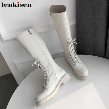

Lenkisen winter genuine leather knight boots British style lace up round toe med heels winter warm women thigh high boots L31