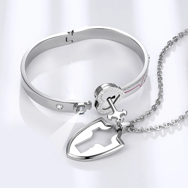 Matching Puzzle Couple Heart Lock Bracelet and Key Pendant Necklace for  Lover Jewelry Gift - AliExpress